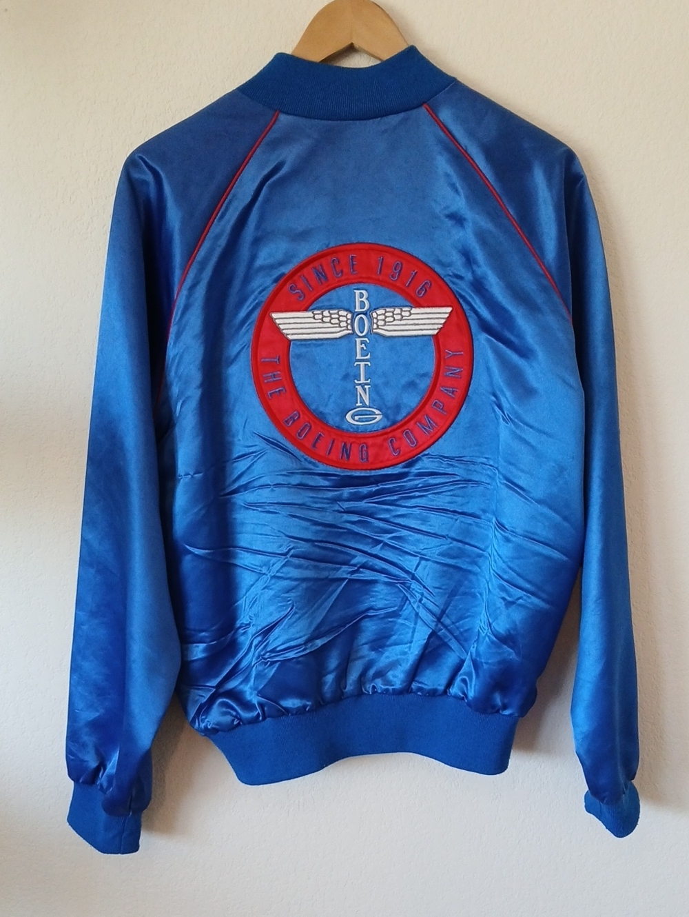 Vintage 80s Boeing Blue Satin Jacket Totem Patch High Five Sportswear